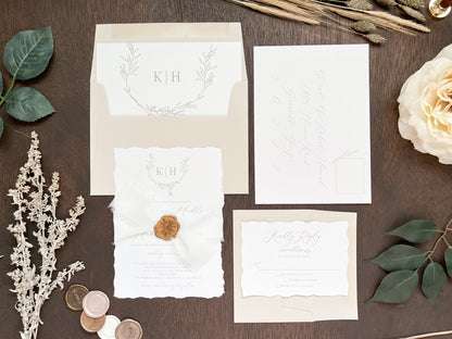 Modern Elegant Wedding Invitation with Deckled Edging, White Chiffon Ribbon & Antique Gold Botanical Wax Seal with Laurel Wreath & Monogram