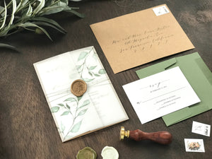 Wax Seal Vellum Wedding Invitation with Greenery and Thread – Creative  Custom Prints by Tabitha