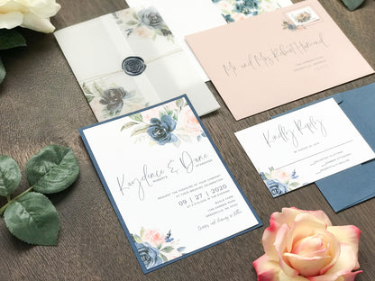 Blush Pink and Navy Blue Wedding Invitation with Vellum and Wax Seal